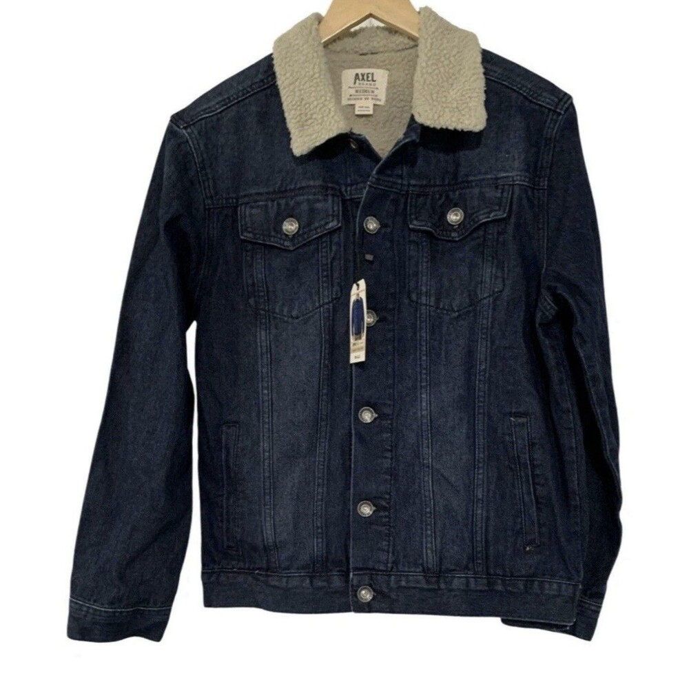 Axel Rooney Sherpa Collar Premium Trucker Navy Blue Denim Jacket Men’s Medium